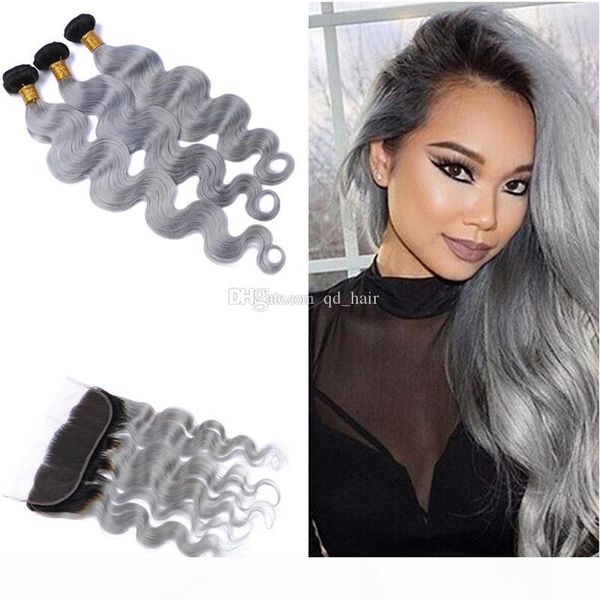 

body wave human hair bundles with lace frontal 1b grey ear to ear lace frontal with human hair weft extension 4pcs lot, Black
