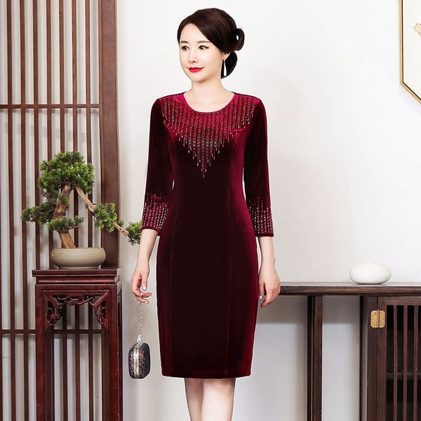 

tang yuyun 2020 autumn and winter new high-end cheongsam dressbeaded dressimproved dress handmade beaded festive wine red dress 0tcn5, Black;gray