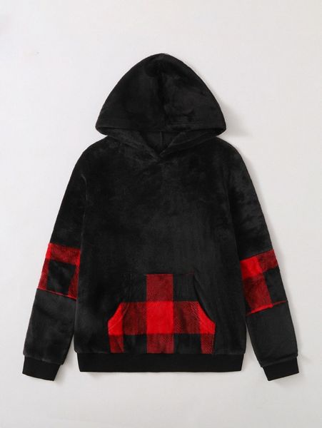 

1pc buffalo plaid panel kangaroo pocket flannel hoodie 01f4#, White;black