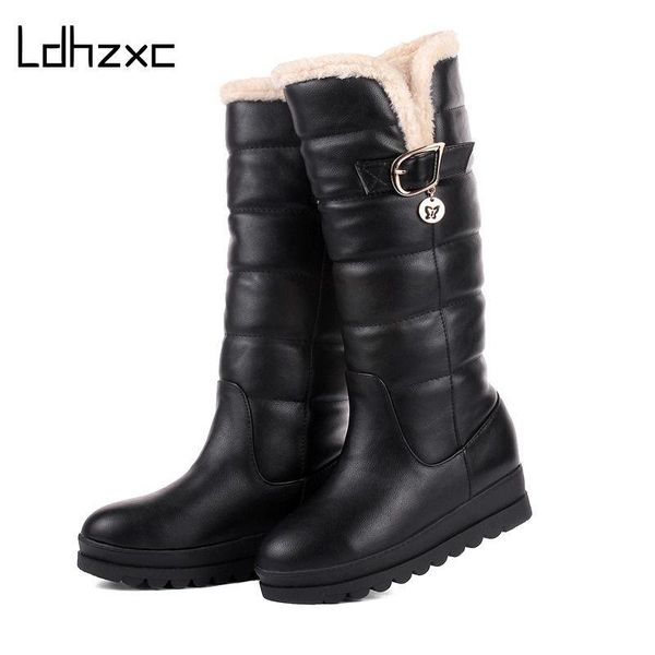 

ldhzxc large size 34-43 mid calf boots round toe med heels platform women boots pu leather thick winter snow, Black