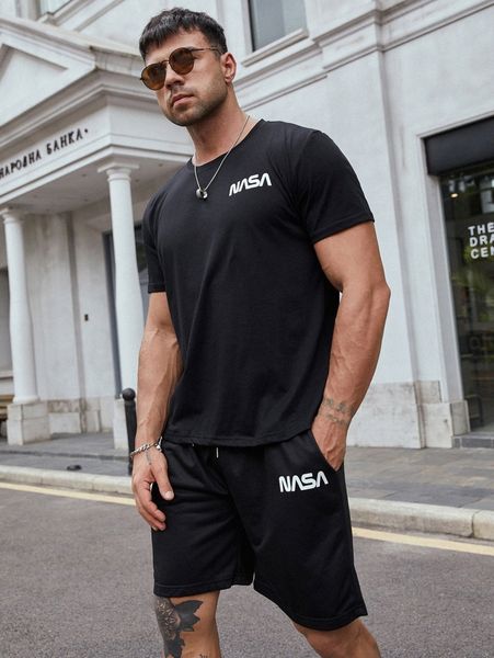 

extended sizes men letter graphic tee & drawstring shorts set z6is#, Gray
