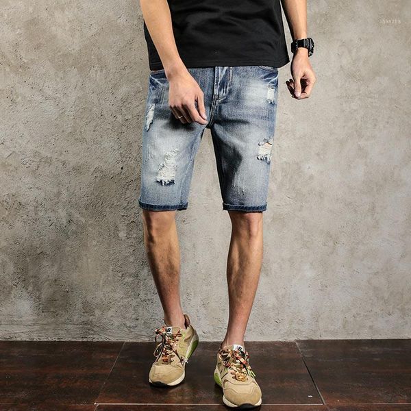 

2020 summer men's short jeans pants classic blue ripped straight denim shorts men scratched knee length mens jeans plus size1