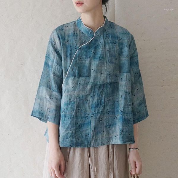 

johnature loose retro print stand button three quarter sleeve all-match shirts 2020 summer new simple comfortable women 1, White