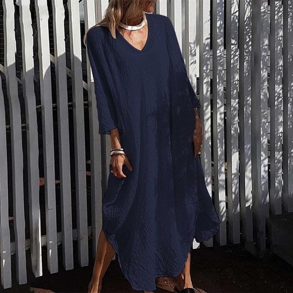 

25# women bohemian dresses loose v-neck solid color leisure time vacation long sleeves dress vacation long sleeves female dress, Black;gray