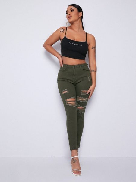 

curvy high waist ripped skinny jeans 769u#, Blue