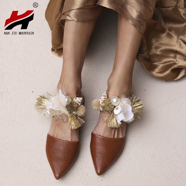 

nan jiu mountain shell sandals pointed fringed slippers handmade pearl rhinestone flat women's shoes plus size 34-43 summer x1020, Black