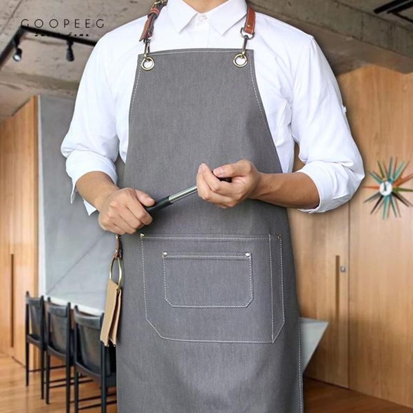 

aprons goopeeg gray denim apron men's custom logo work clothes coffee shop haircut western restaurant floral chinese