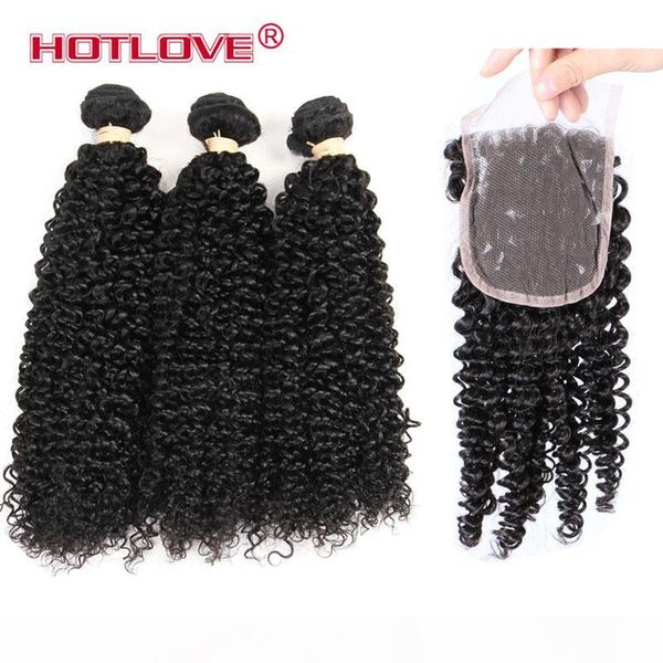 

ove hair brazilian kinky curly remy hair human hair weave 3 bundles with part 4*4 lace closure ing, Black