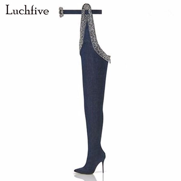 

denim over the knee boots for women pointed toe thigh high boots super long fashion waist buckle botas mujer, Black