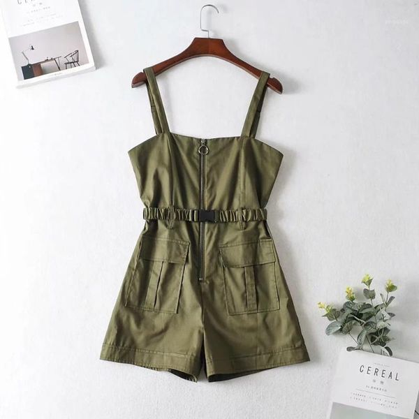 

elegant spaghetti straps sashes solid women playsuit summer pockets zipper rompers short jumpsuit casual female overalls 20201, Black;white