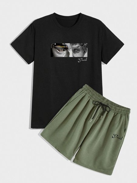 

men figure & letter graphic tee with shorts v8up#, Gray