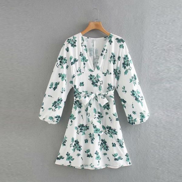 

fashion women's holiday style floral print long-sleeved deep v-neck beach short dress, Black;gray
