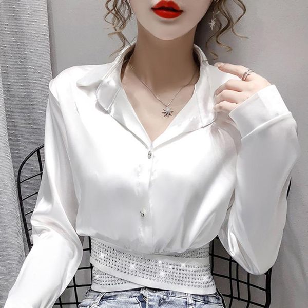 

2020 early autumn new style satin long-sleeve blouse women fold-down collar girdle cross straps diamond set shirt waist hug, White