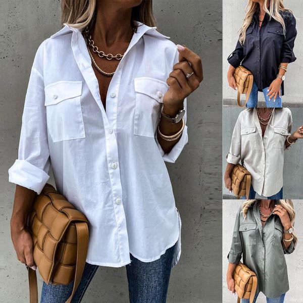 

elegant button blouse and shirts women casual irregular long ladies solid colour turn-down collar blouses autumn d301, White