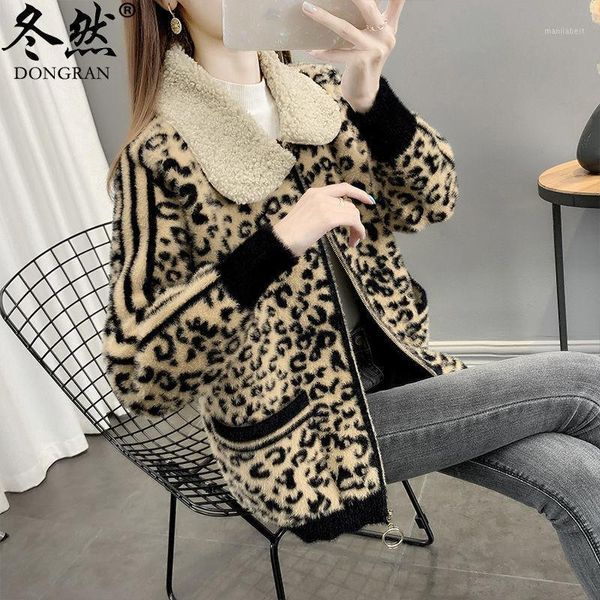 

new 2020 autumn and winter coat women's jackets faux mink velvet jacket leopard print fashion female baseball uniform thick1, Black
