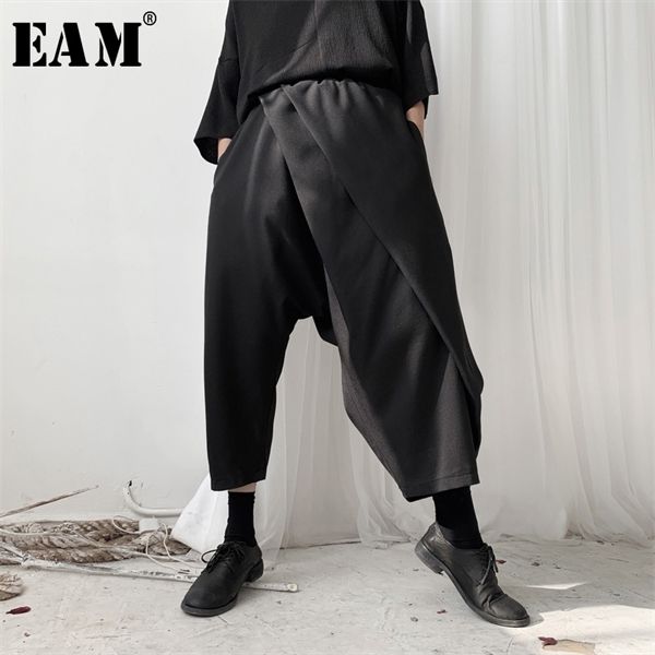 

eam] high elastic waist black brief split harem trousers new loose fit pants women fashion tide spring autumn 2020 19a-a568 q1103, Black;white