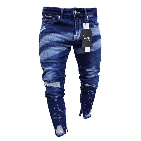 

men fashion hi street ripped jeans pants streetwear painted distressed denim trousers ankle zipper washed size s-xxxl, Blue