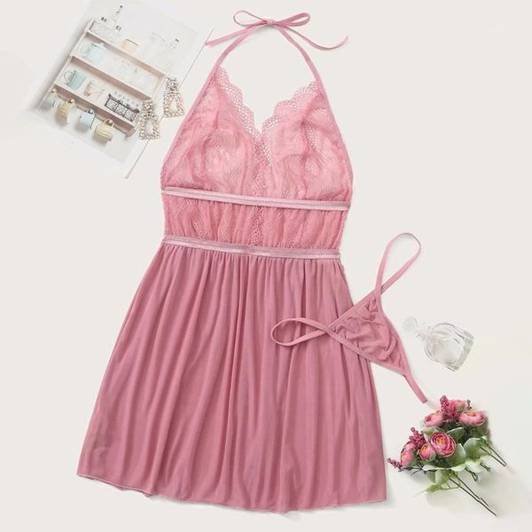 

bras sets women lace screen stitching halter nightdress backless v-neck lingerie with thong set camisola vestidos femininos clothing 5p1, Red;black