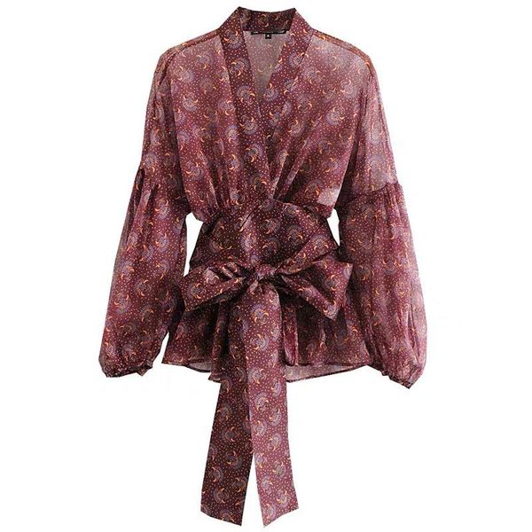 

women's blouses & shirts [ewq] high waist bandage lace up v-neck chiffon blouse flower printed chic elegant work shirt women blusas, White