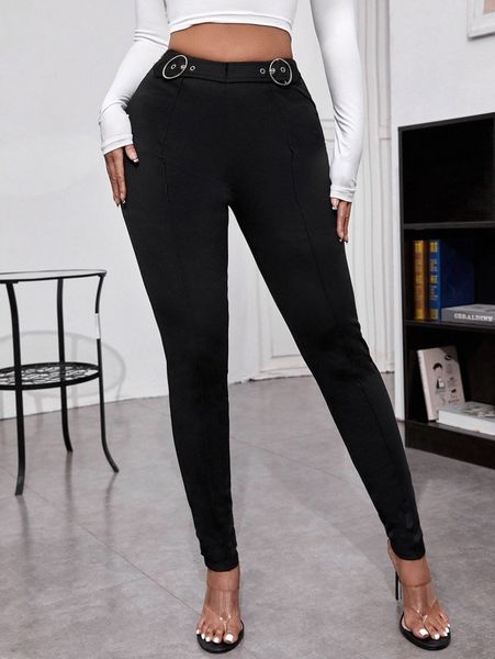 

sxy grommet buckled waist seam detail skinny pants g5nd#, Black;white
