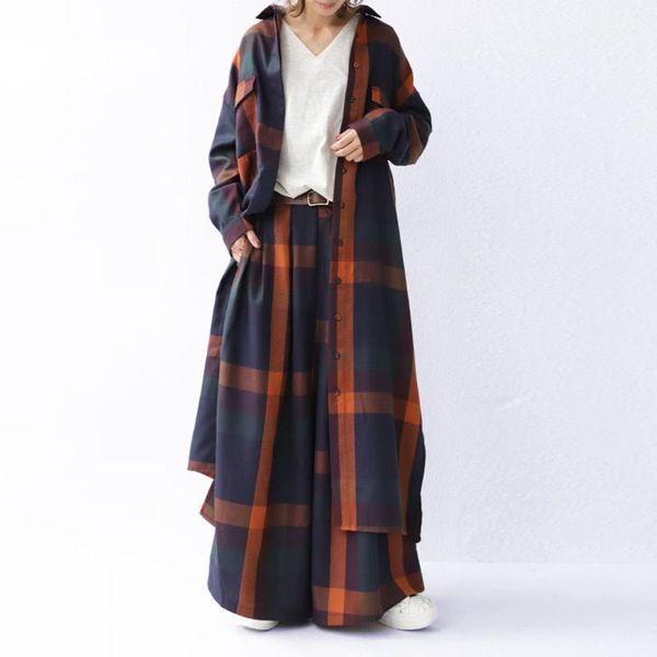 

two piece sets plaid women long blouse shirts wide legs pants spring girls students sets suit 2020 summer japanese korean1, White