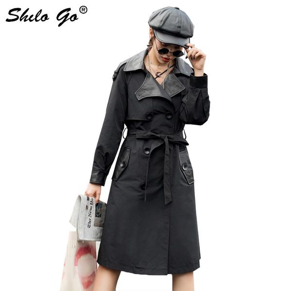 

натуральная кожа тренч черный элегантный зубчатый шеи wrap талия однобортный длинные пальто женщин осень highstreet твердая outwear, Tan;black