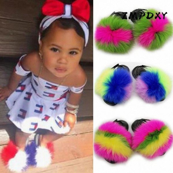 

winter kids warm fur slides children's real fox fur slippers indoor non slip heel strap plush shoes girls fluffy flip flops #ci1y, Black