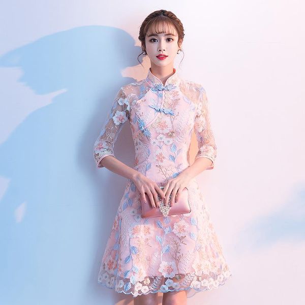

s-4xl lady exquisite vintage button trim qipao elegant floral embroidery novelty cheongsam sweet pink short a-line dress, Red