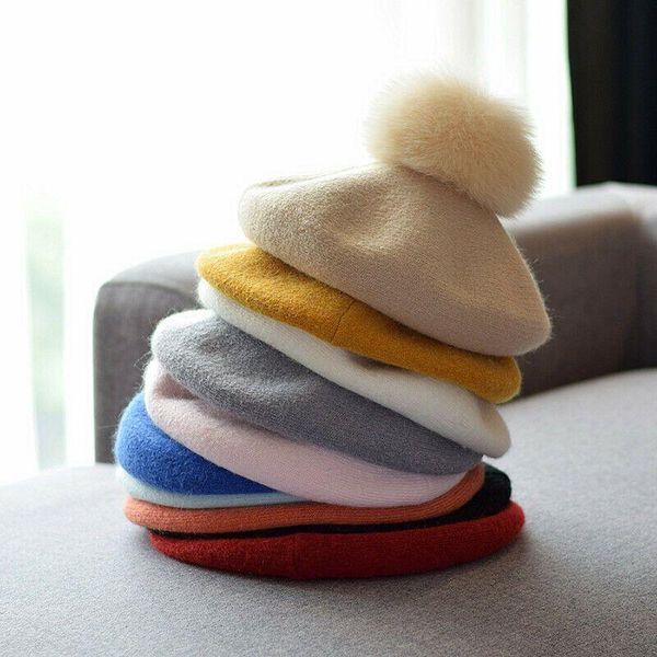 

women winter faux fur pom pom beret hat wool knitted warm cashmere hat, Blue;gray