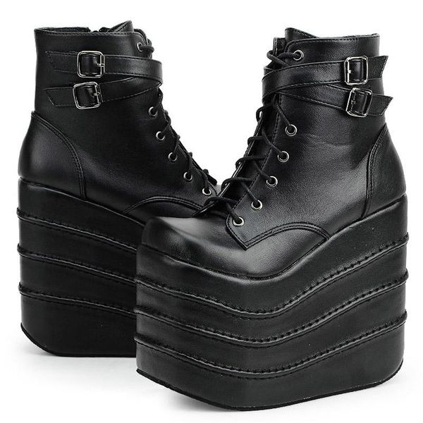 

boots womans white/black cosplay square toe wedges platform pu leather ankle women shoes high heels 16cm