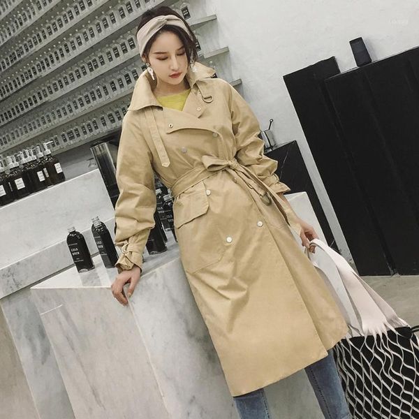 

new fashion pure color long trench coat flow belt double-breasted trench coat dress1, Tan;black