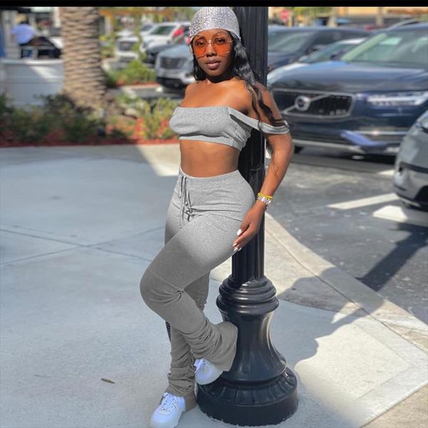 

2 piece set women crop and stacked pants summer clothes streetwear matching sets short sleeve club outfit female wholesale, Gray