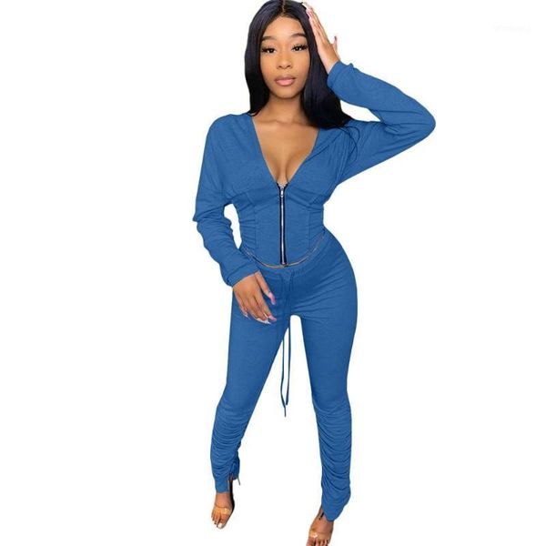 

lounge wear corset solid tracksuit women zipper v neck long sleeve hoodie with leggings bodycon two piece set clothes1, Gray