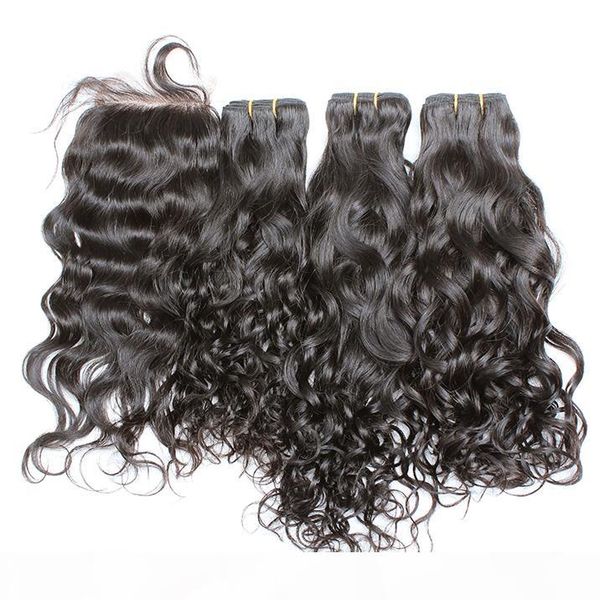 

natural wave lace closure(4*4) with 3pcs bundles full head brazilian malaysian peruvian indian hair extensions natural color dyeable, Black