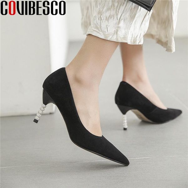 

covibesco rhinestone kid suede leather high heels sandals women 2020 fashion quality pointed toe women shoes party shoe woman, Black