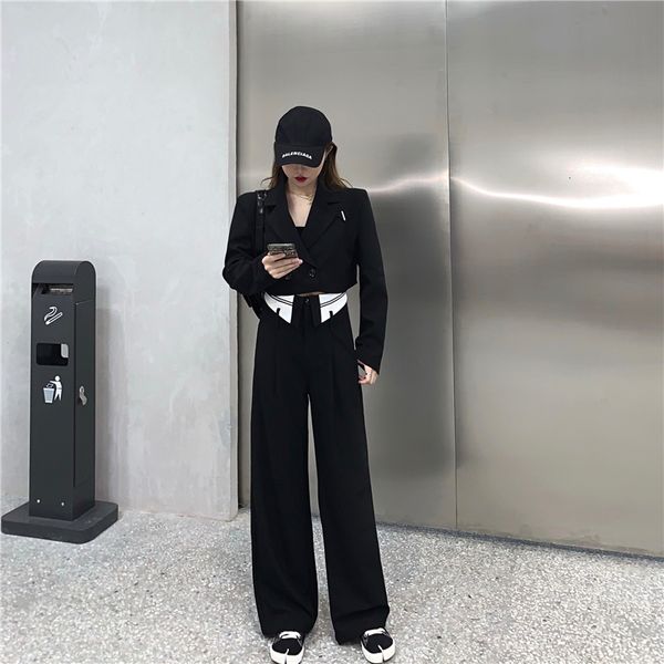 

2021 new matching sets in the female solid turtleneck carved long sleeve cut blazers shredded pants wide leg spring suits zgwl, Gray