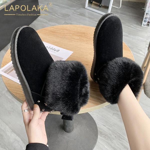 

lapolaka 2020 новая мода snow пинетки женский теплый плюшевые плоский каблук скольжения на твердых rivet дропшип ботильоны женская обувь, Black