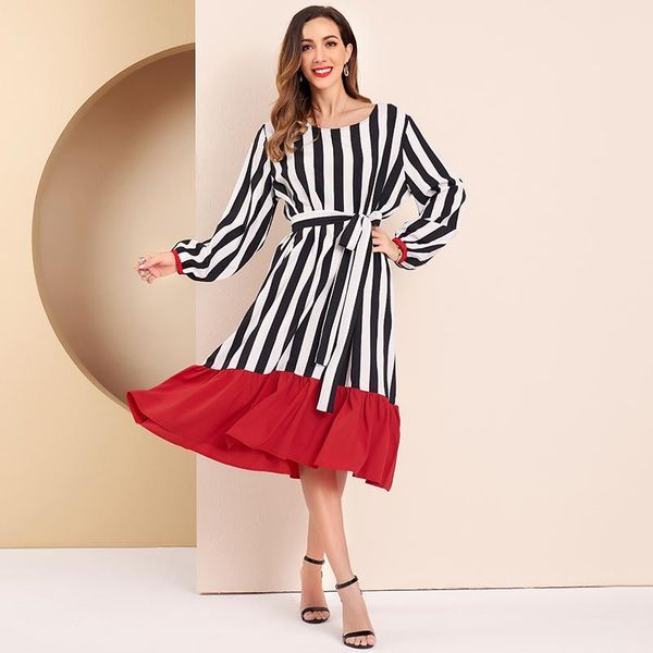 

mai&fun casual dress women ruffle hem patchwork striped dress o neck long sleeve loose dresses midi women, Black;gray