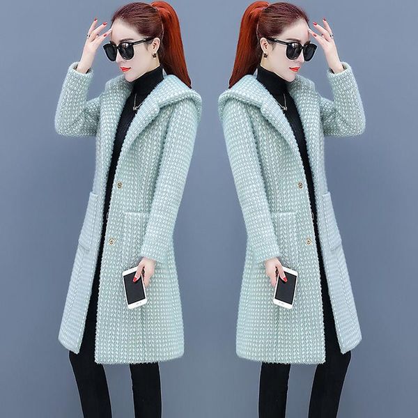 

women's wool & blends winter imitation gold mink woolen mid-length thick coat women, Black