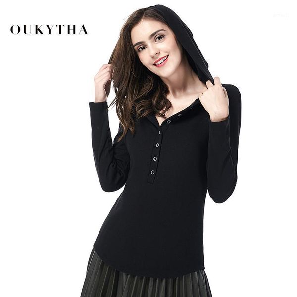 

women's t-shirt oukytha black hooded shirt autumn t women long sleeves buttons casual solid winter thick female clothes gqz180381, White