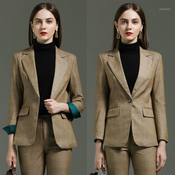 

plus size 3xl 4xl green khaki plaid women's suit two piece elegant office coat and pants professional clothes for women1, White