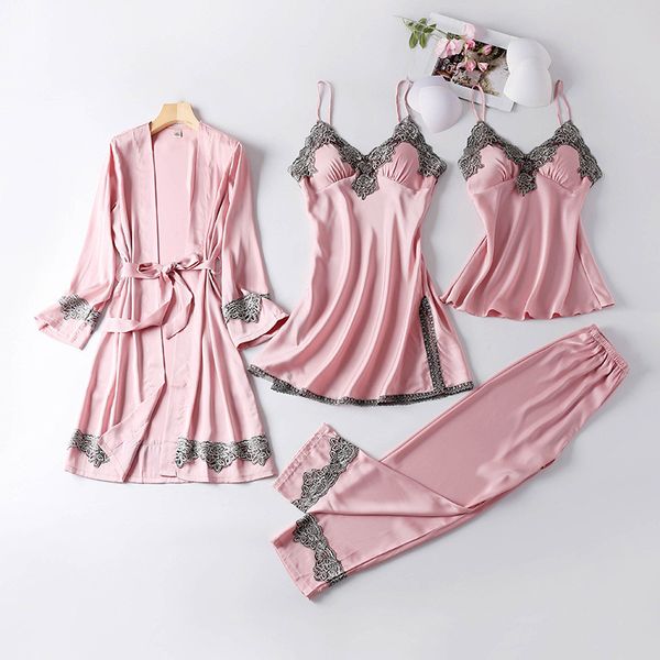 

july' song new 4 pieces women pajamas sets faux silk pajamas sleepwear sets elegant lace fashion spring autumn homewear 200929, Red;black