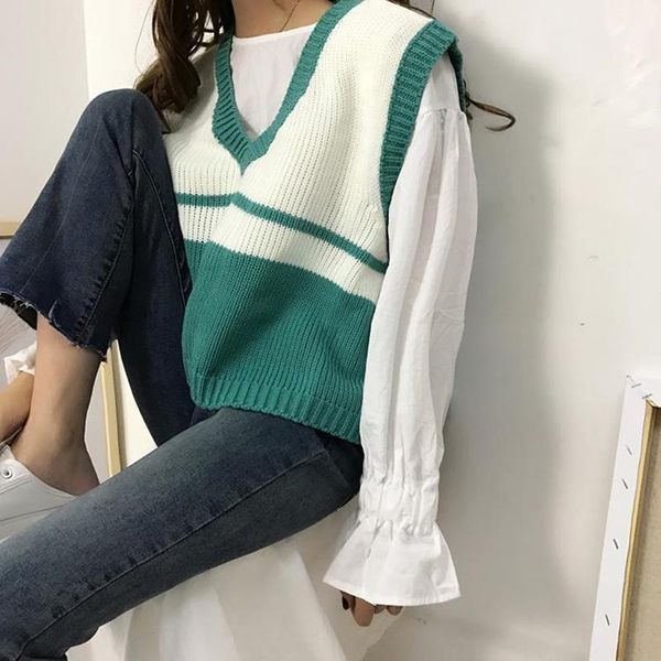 

women sweater vest autumn v neck sleeveless pullover knitted jumper tank korean style vintage striped patchwork pullovers1, Black;white