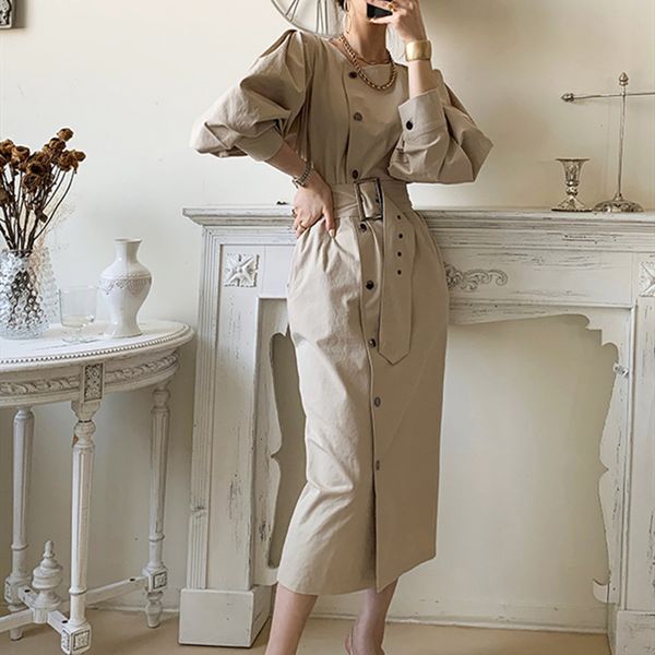 

2021 new autumn spring women single-breasted female elegant long sleeve belted loose vestidos clothes fwhv, Black;gray
