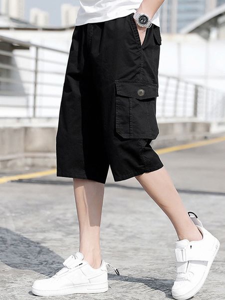 

men flap pocket side solid shorts v5qi#, Black