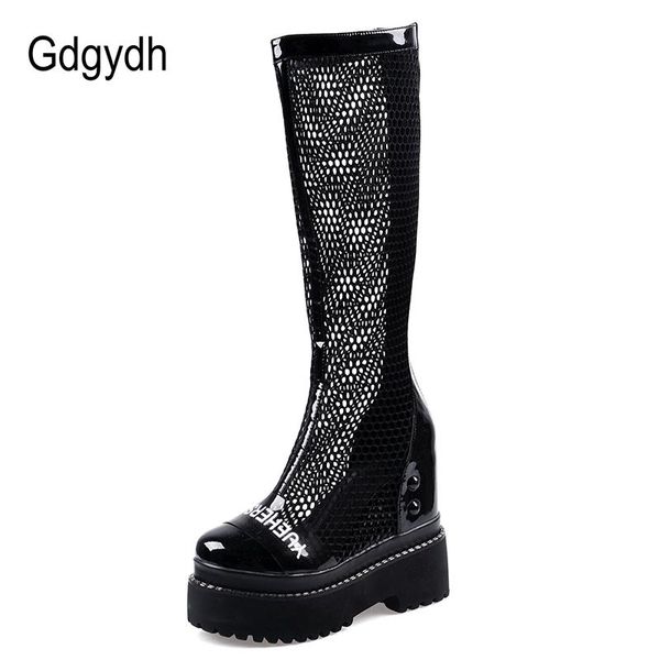 

boots gdgydh summer mesh hollow out black white knee high platforms patent genuine leather thick sole fashion lettle 2021