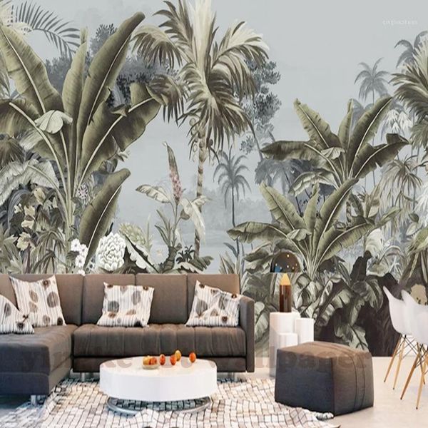 

custom wallpaper european retro nostalgic hand painted rainforest banana palm sofa tv mural background 3d wallpaper1