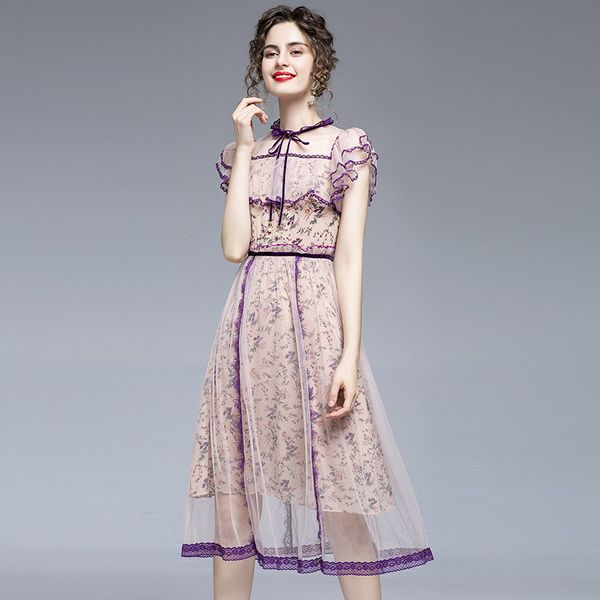 

s  l xl xxl new summer 2020 women long dress short sleeve purple flower print ruffles mid-calf retro elegant lady, Black;gray