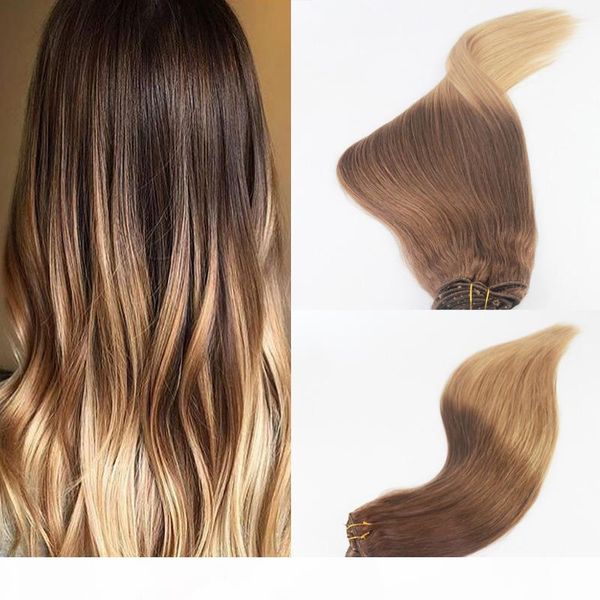 

brazilian remy hair ombre color #5 fading to #27 7pcs 120g full set clip in hair extensions ing, Black;brown