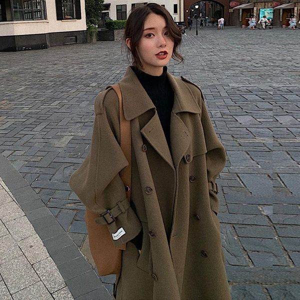 

uvrcos 2021 autumn and winter korean ins casual over-the-knee woolen coat mid-length popular all-match hepburn woolen coat women, Black